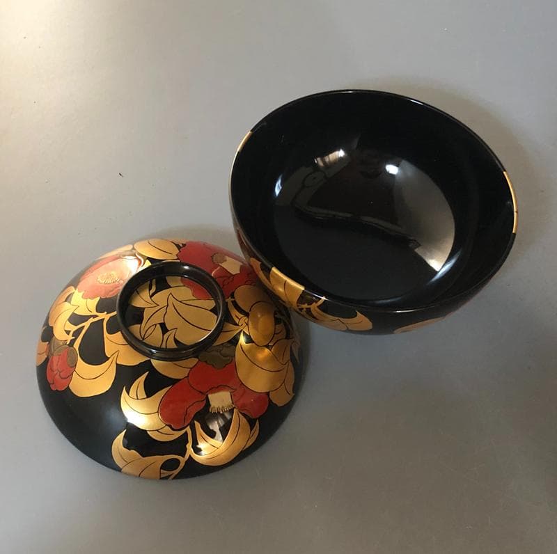 ◆506◆椿蒔絵　仙才吸物椀　木製漆器 平安堂 造 己ん典 作　五客