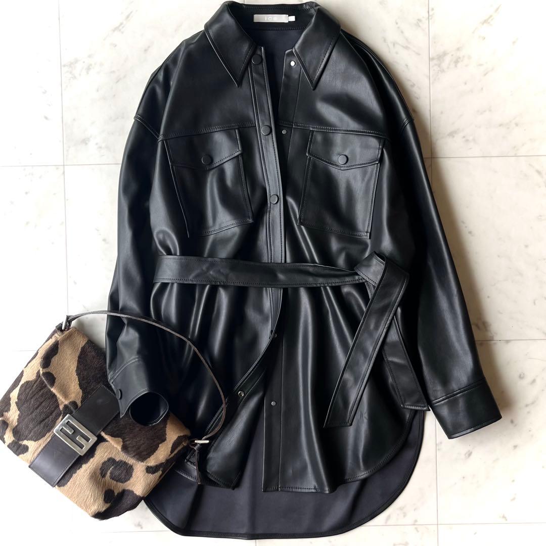 美品 ICB 洗える L ベルト付 ブルゾン 黒 フェイクレザー ジャケット