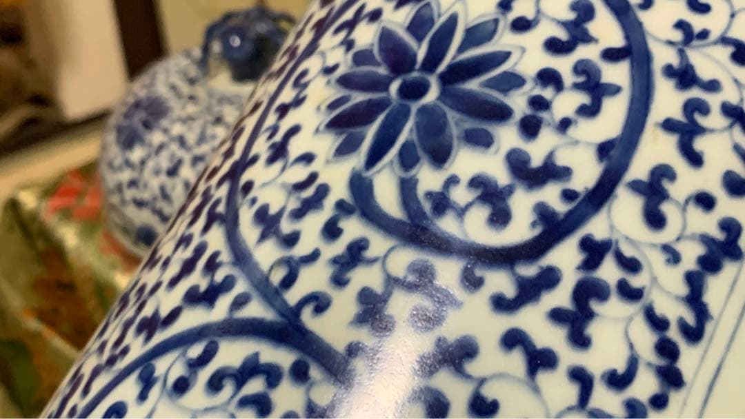 シノワズリ　ビンテージ　染付 青花　在銘　山水大壷　花瓶　大甕　オリジナル蓋付き