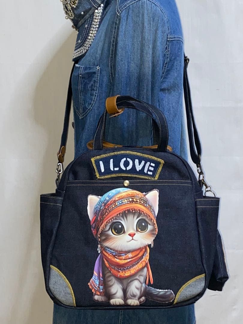 ☆岡山デニム☆ステンシル☆トラネコ☆子猫☆4wayボストンバッグ