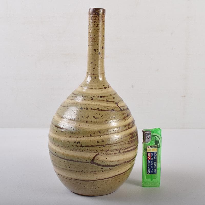 河井寛次郎作　鶴首　灰釉瓶子　共布共箱　M R8846