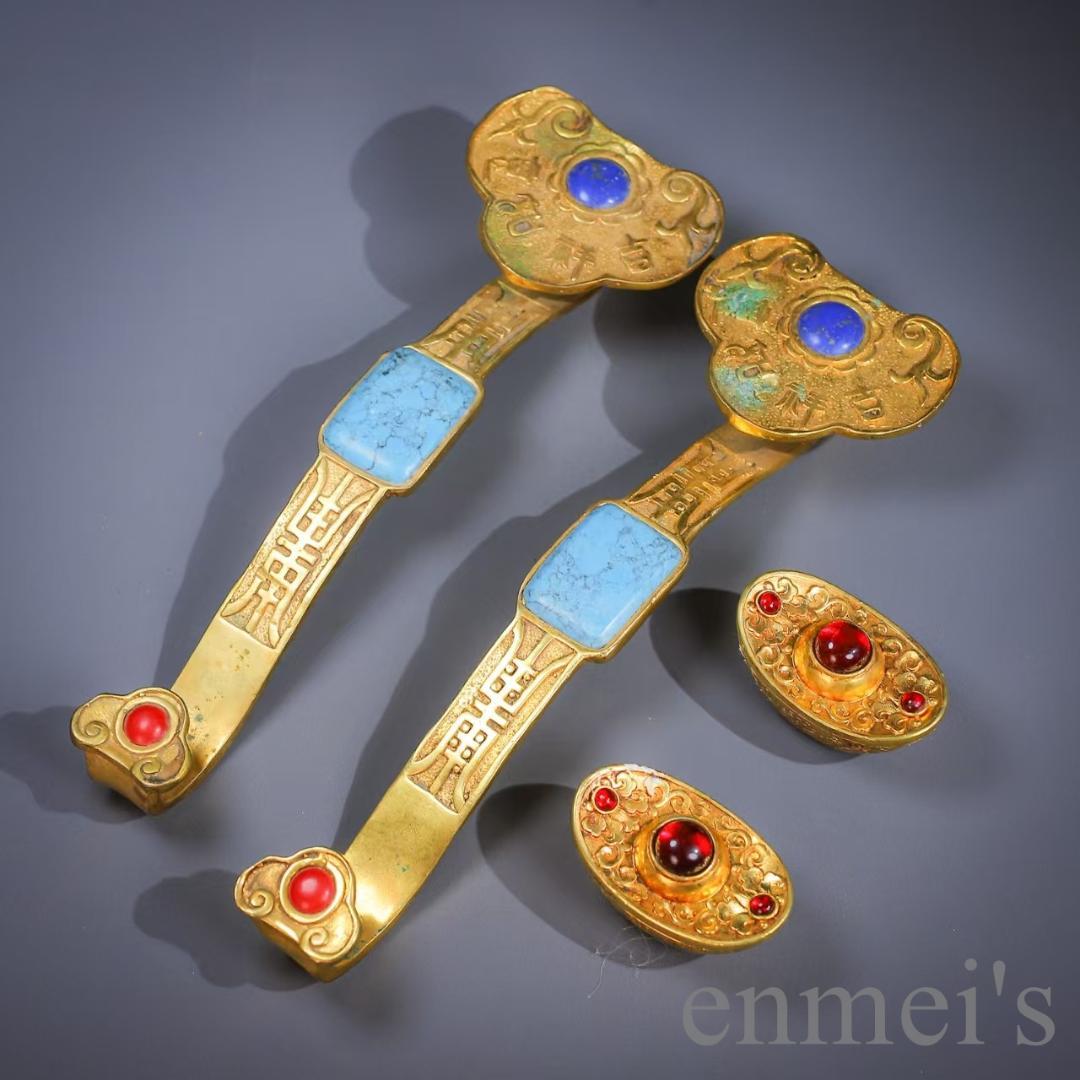 中国古美術 鍍金銅製 多宝嵌 如意元宝 吉祥置物 風水開運 細工 古置物 唐物