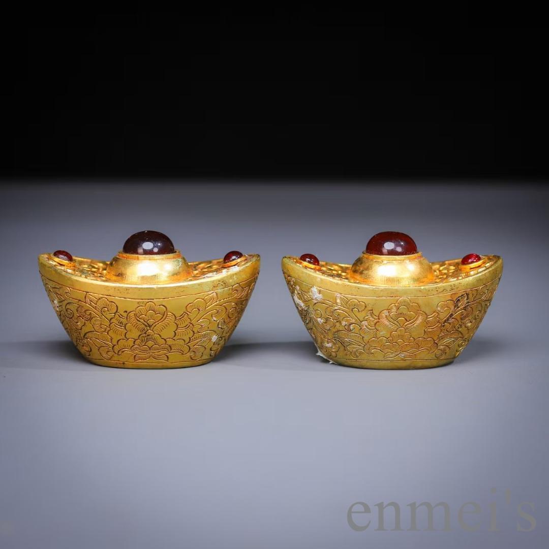 中国古美術 鍍金銅製 多宝嵌 如意元宝 吉祥置物 風水開運 細工 古置物 唐物