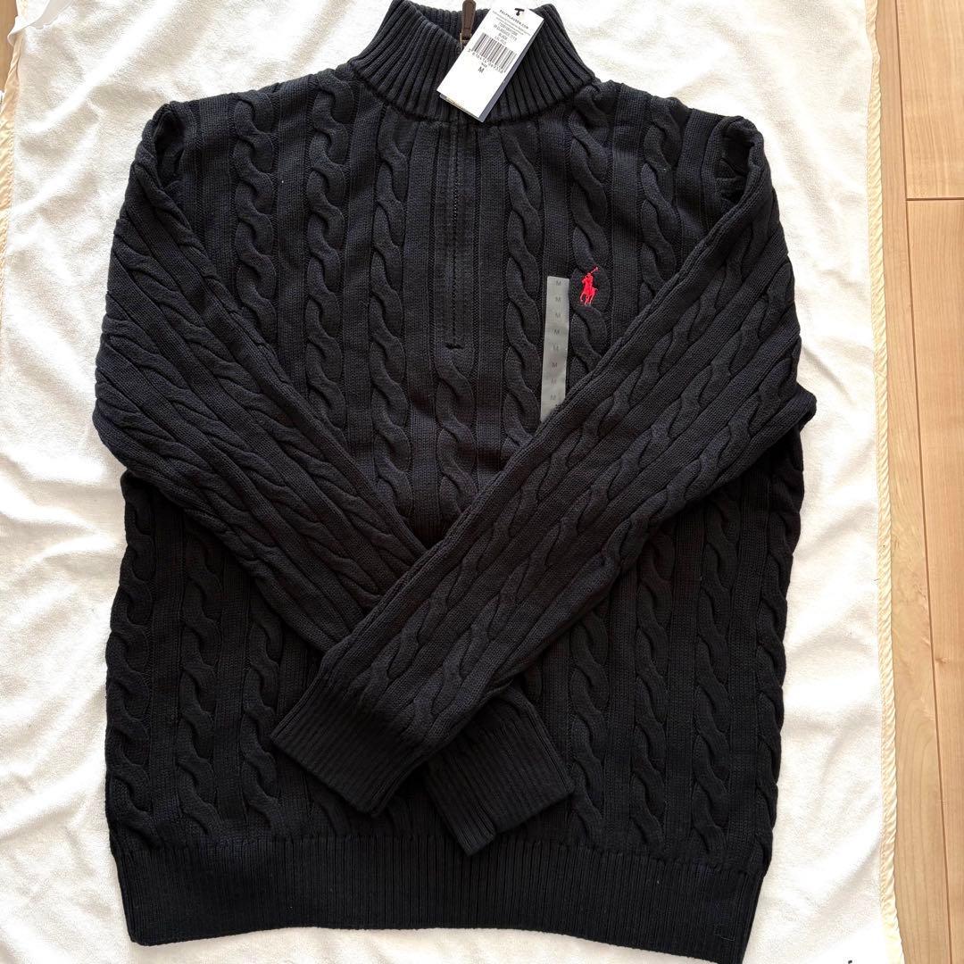 新品未使用 ポロラルフローレン ハーフジップ ケーブルニット M 黒 ブラック