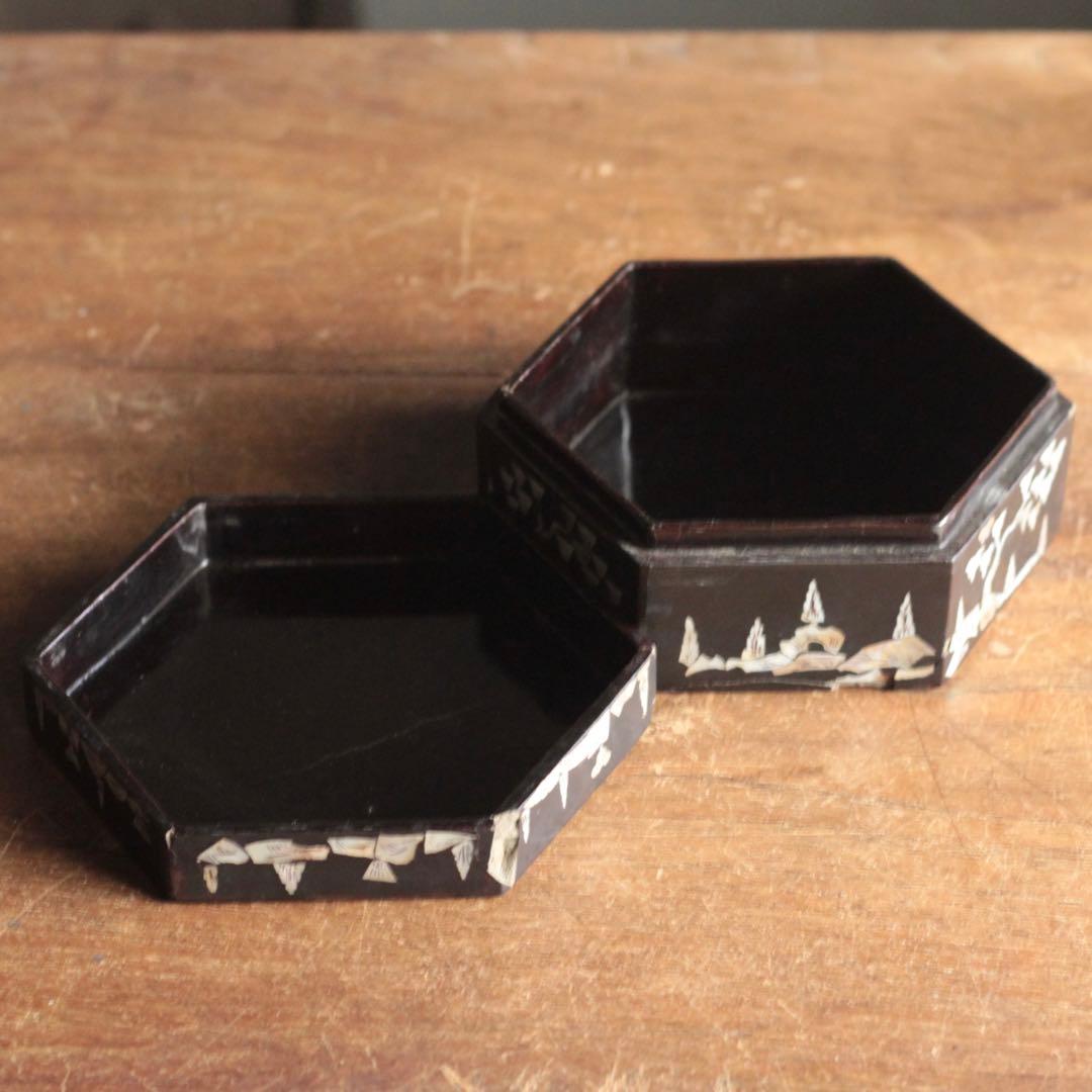 李朝 螺鈿 六角 蓋物 朝鮮美術 古美術 古道具 アンティーク