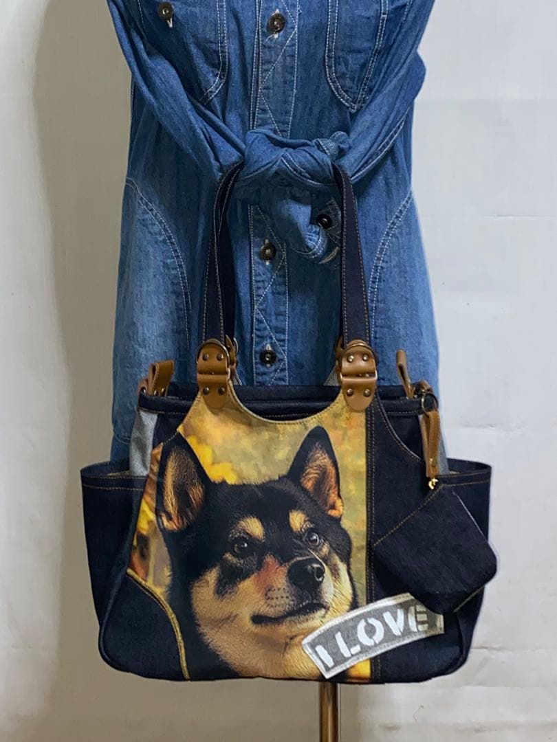 ☆ハンドメイド☆岡山デニム☆黒柴犬☆4wayあおりバッグ