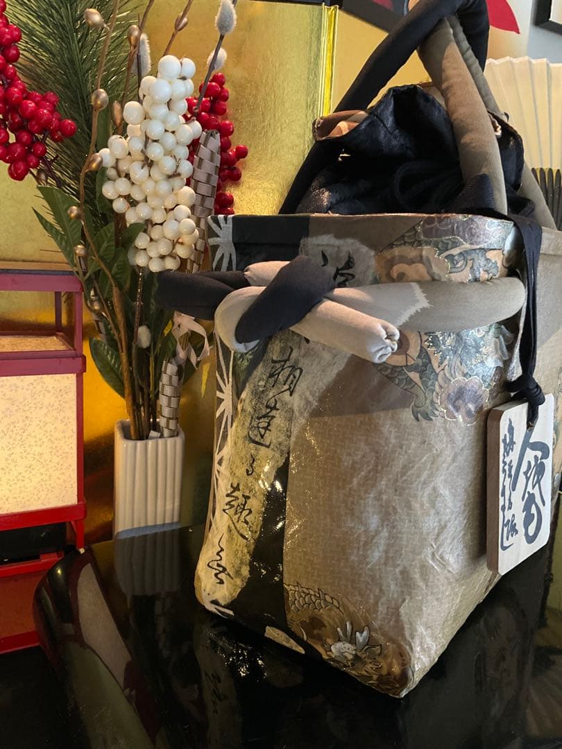 一閑張り　一閑張りバッグ　浮世絵　雲龍　古文書　和紙　竹籠　古布大正　着物　龍