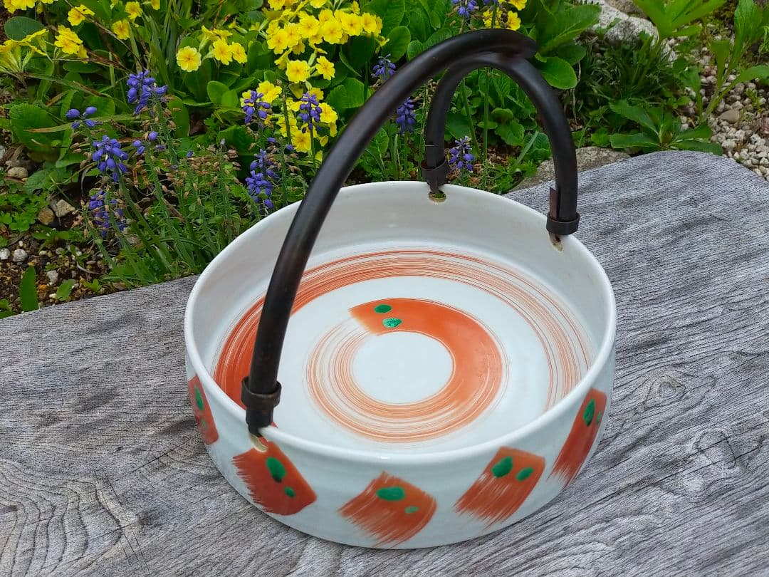 ♥九谷　鉢　銅の持ち手付き　菓子鉢　茶道具　骨董　古玩　レトロ　アンティーク