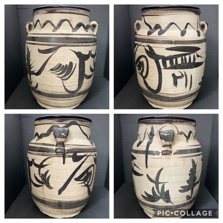 李朝時代　絵高麗　粉粧灰青沙器　鉄絵紋　水指　茶道具　壷　壺　花瓶　時代