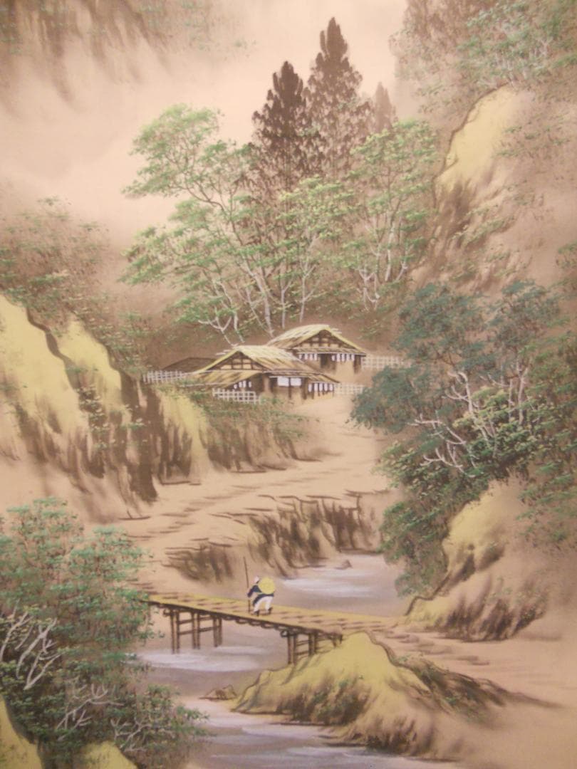 掛け軸 吉村舞堂 彩色山水 絹本 希少 軸装 茶道具 掛軸 風鎮付 美品 です。