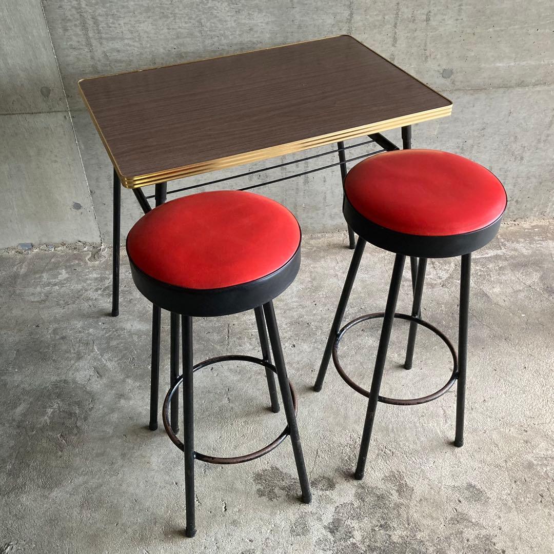 ハイスツール 丸椅子 チェア 鉄脚 アイアン 食堂 赤黒 2脚 ポップ レトロ