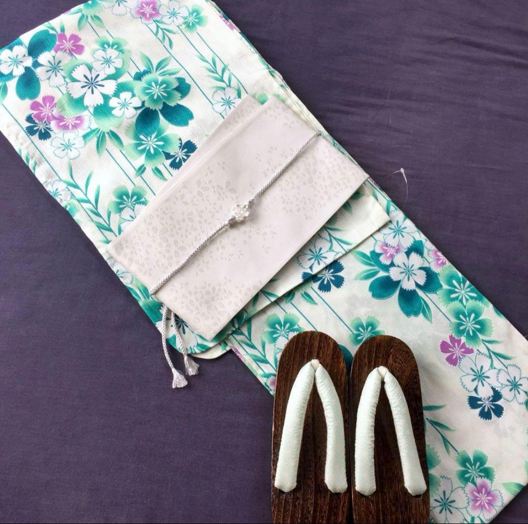 帯飾り付 高級綿麻浴衣 盛夏 淡緑にふわり桜花 浴衣4点セット