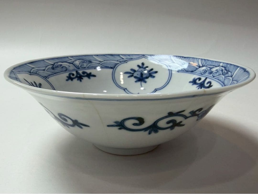 九谷　山本長左作　青華花鳥瑞果文　鉢