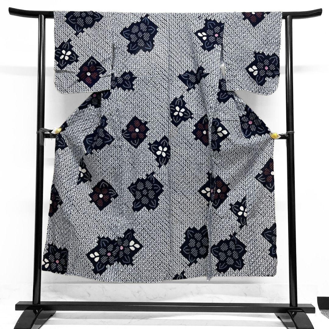 藍染　変わり菱　花模様　浴衣　有松鳴海絞り　着物　042a p