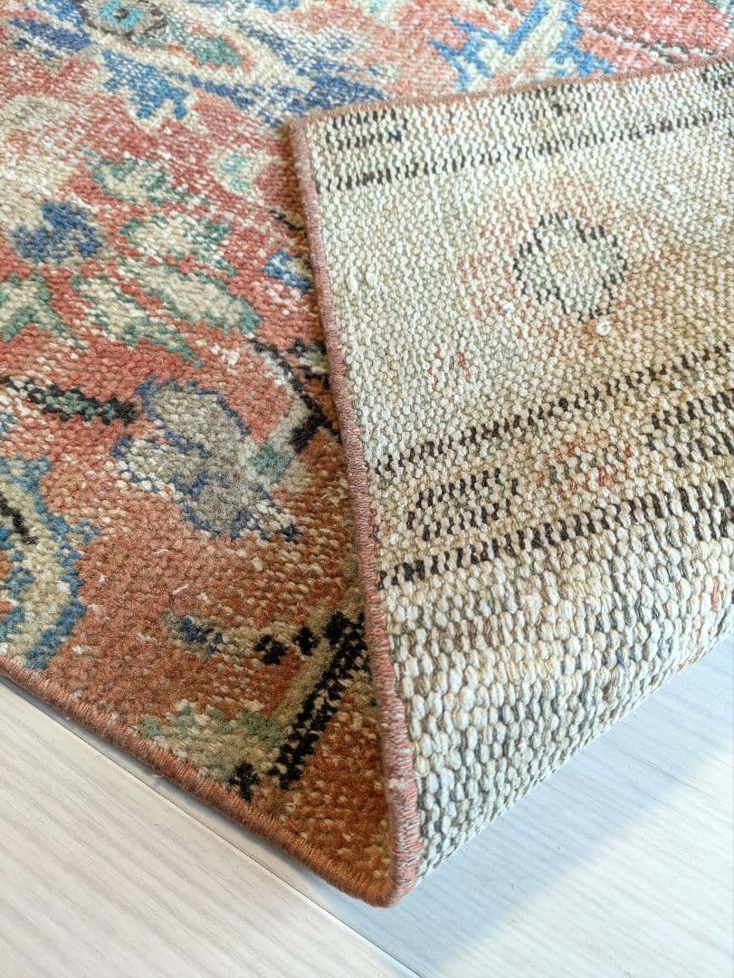 50×91 ラコッタオレンジ×トルコブルー　トルコヴィンテージラグ　ミニサイズ