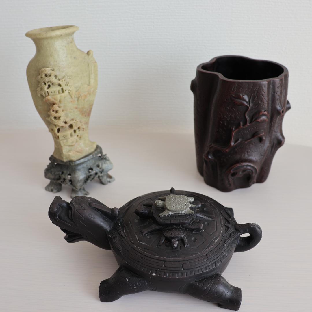 石彫刻花瓶 紫砂筆筒 ⻲型硯 まとめ売り