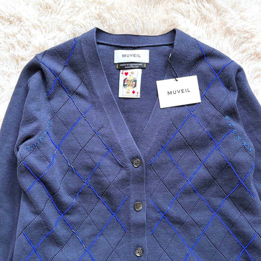 未使用 ミュベール 刺繍 アーガイル ニット レース カーディガン ネイビー