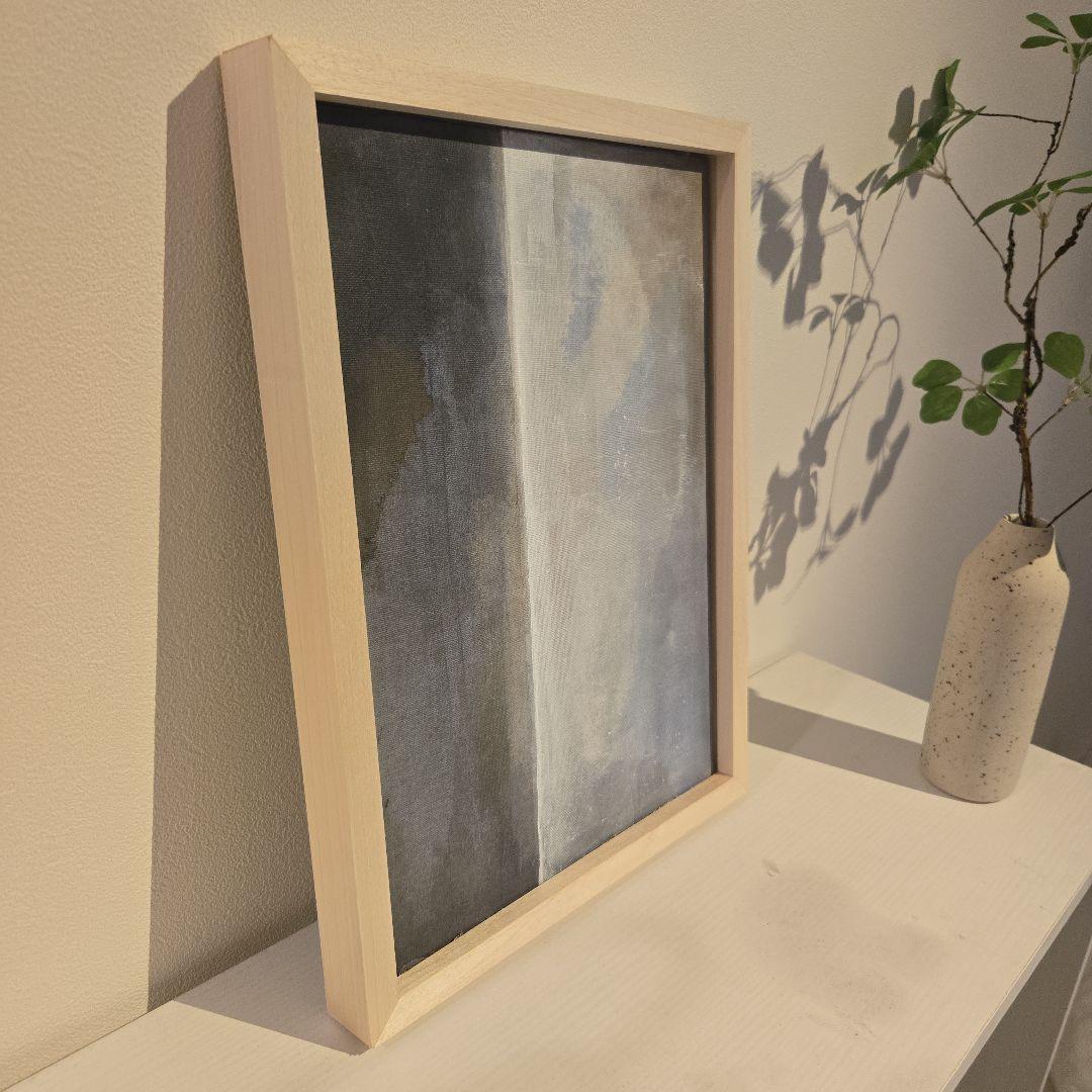 グレー ブルー ホワイト系抽象画 アクリル画 木製フレーム付き F4 サイズ