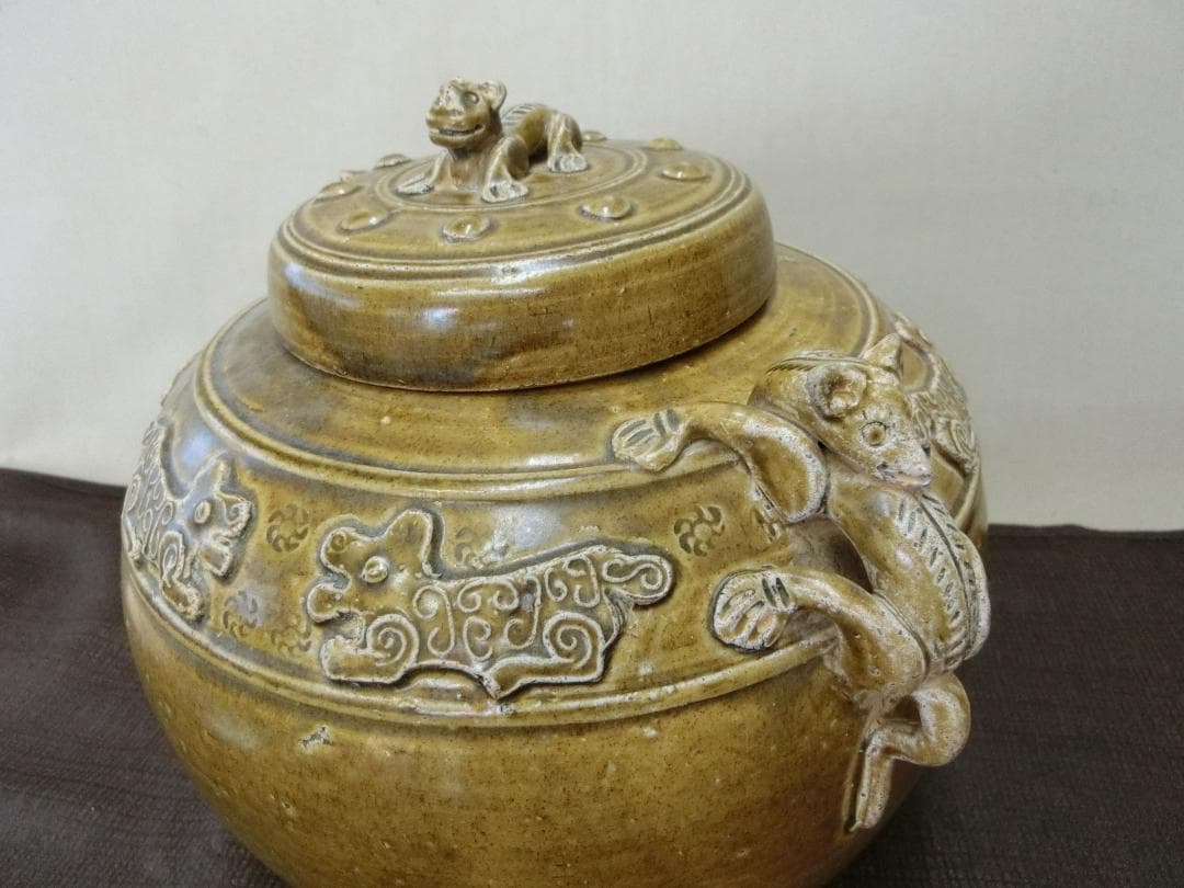 【緑釉壷　蓋付　双耳壷　獣高盛文様　中国・FK】◆古董 鑑賞陶磁器 インテリア