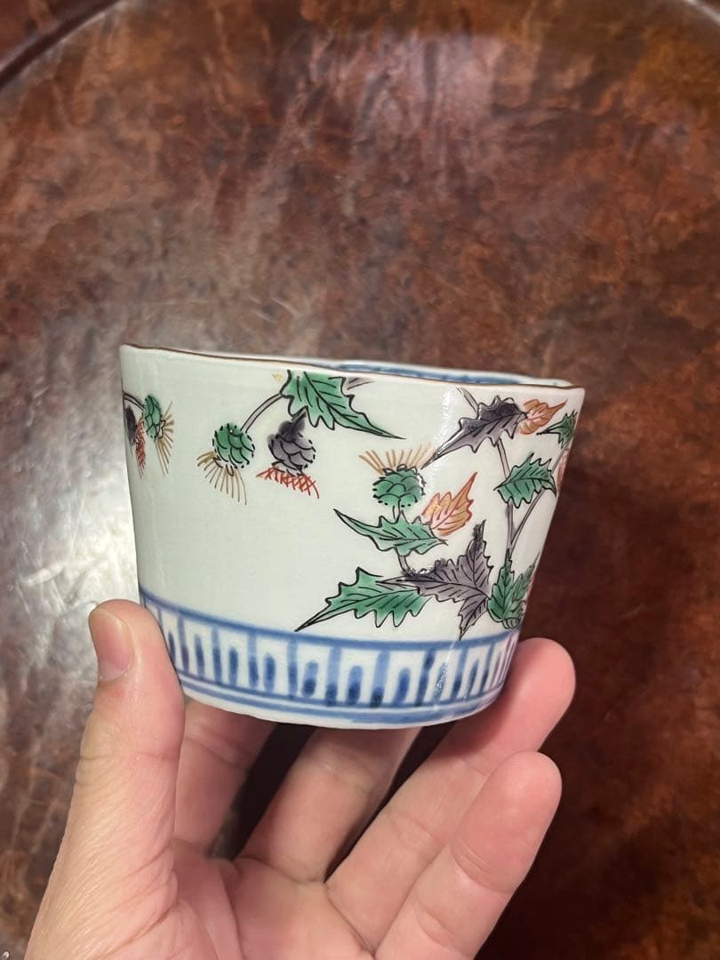 蕎麦猪口　そばちょこ　色絵　草花　あざみ　無傷完品　大振り　そば猪口　古伊万里