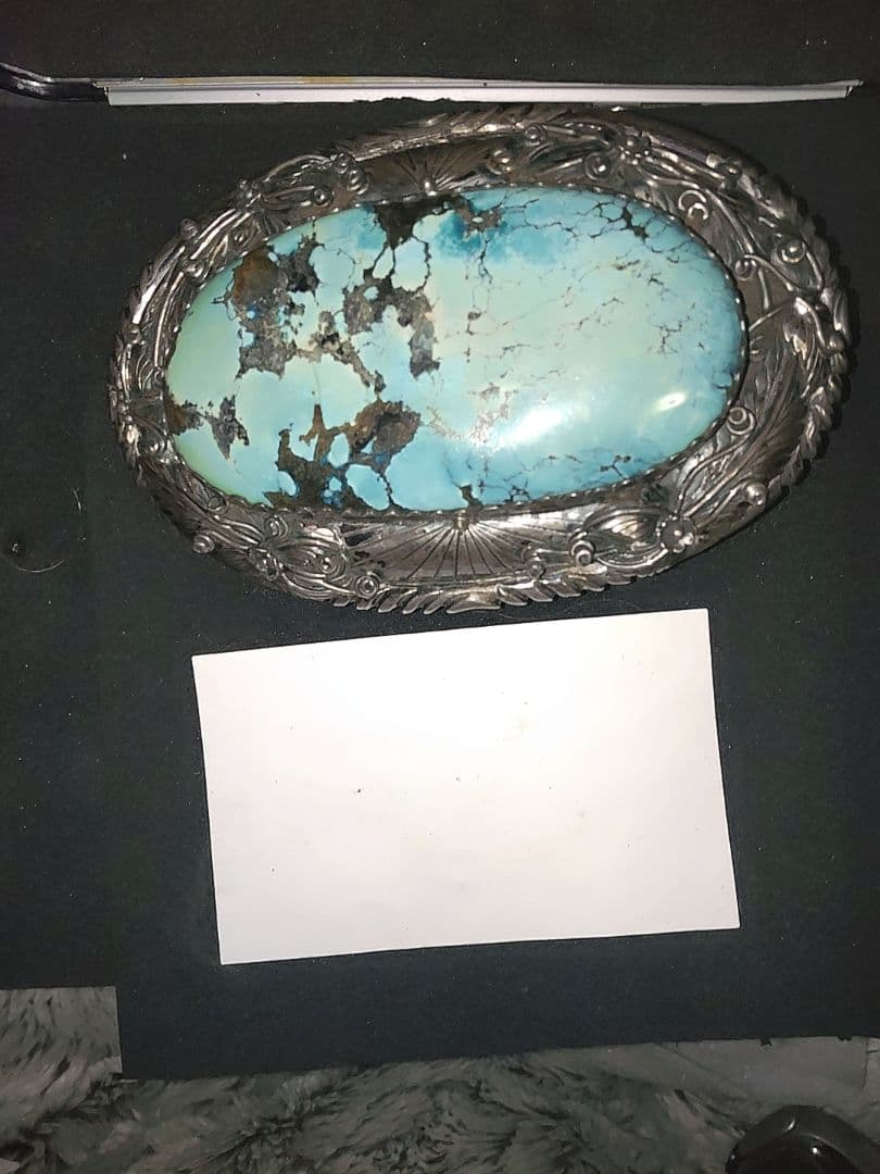 古美術品1800年代Navajoターコイズ.シルバー彫金バックル