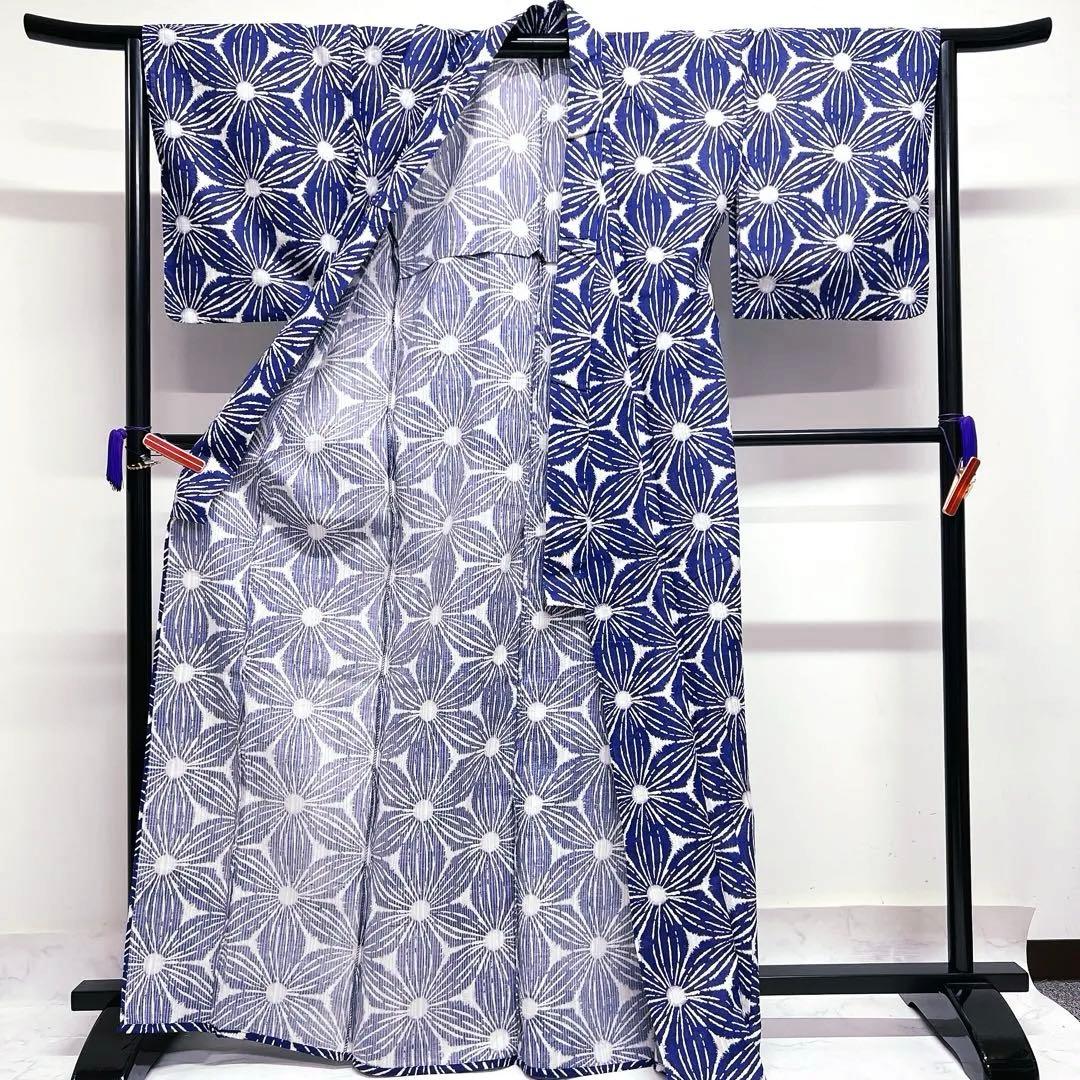 浴衣　綿麻　麻の葉模様　着物　008k