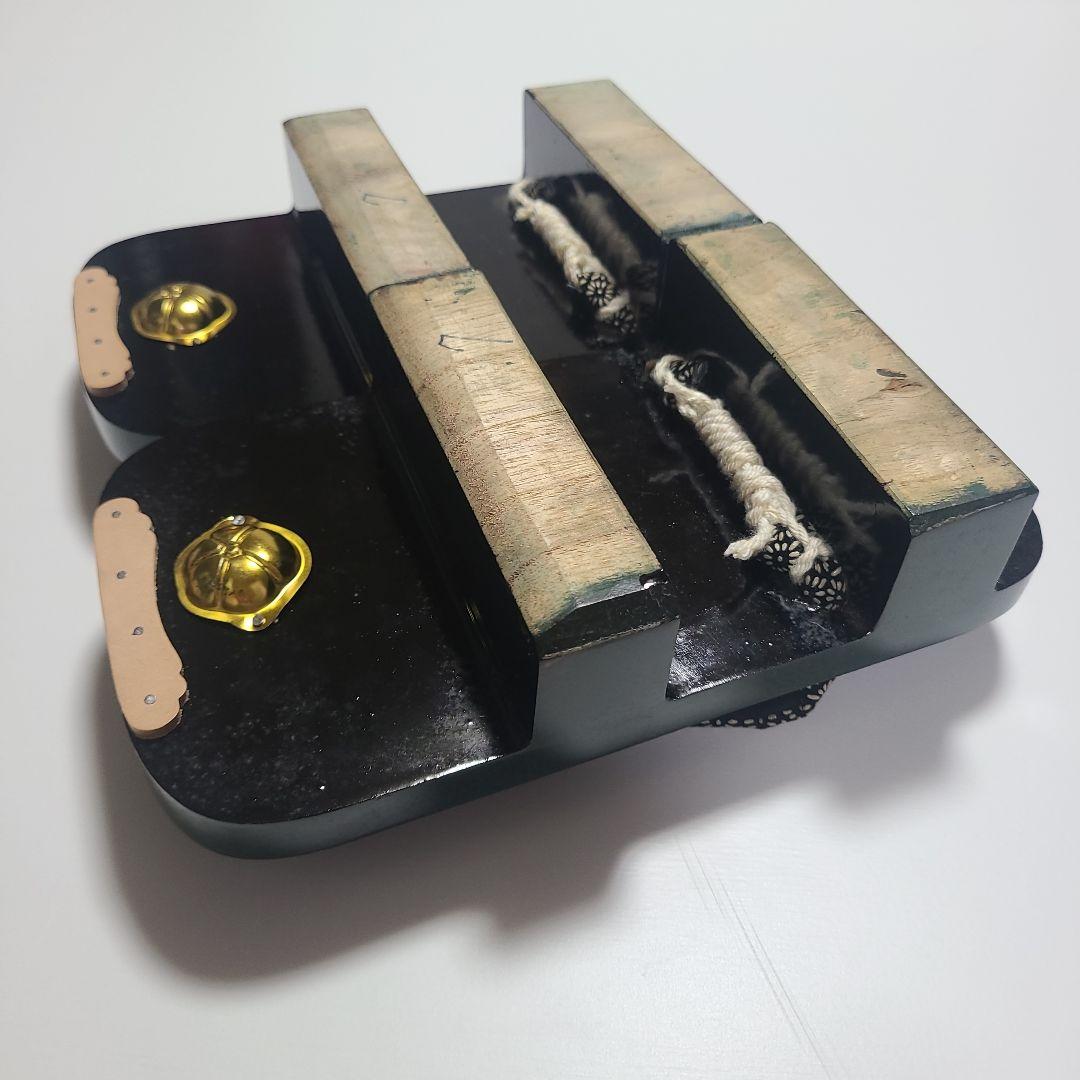 高級下駄　青森　津軽塗　七々子塗　深緑　二枚歯　8寸　鼻緒　印伝　菱菊文様