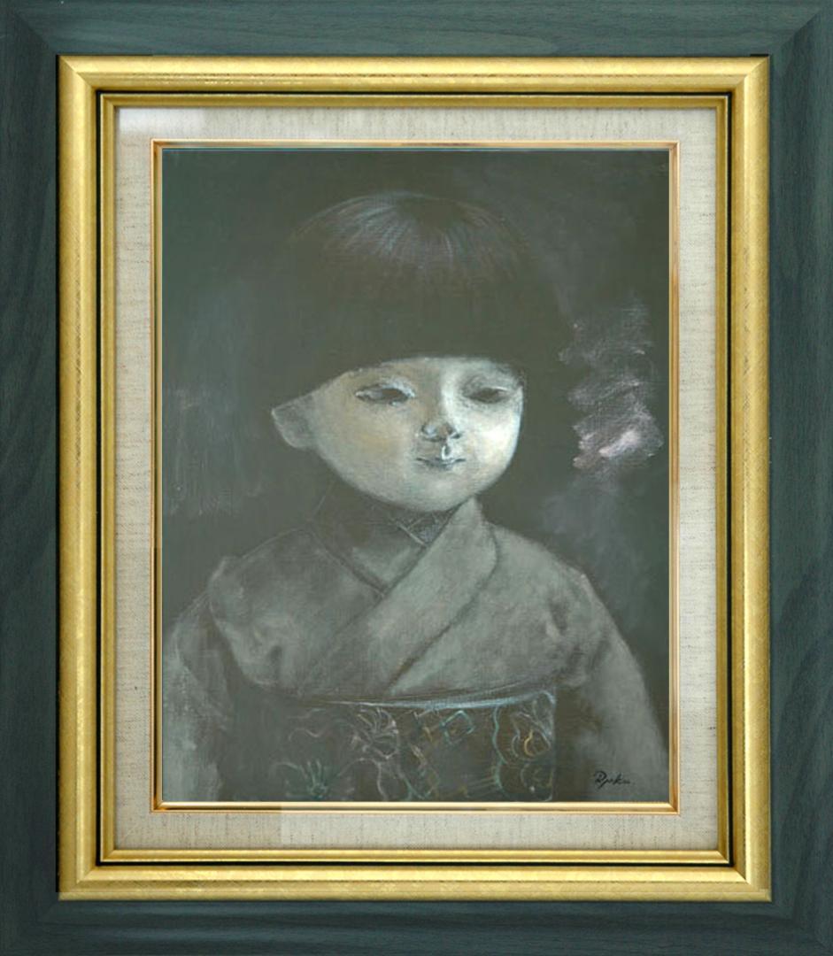 油絵 菅家令子 絵 絵画インテリア額付(白) F6-080118 市松日本人形