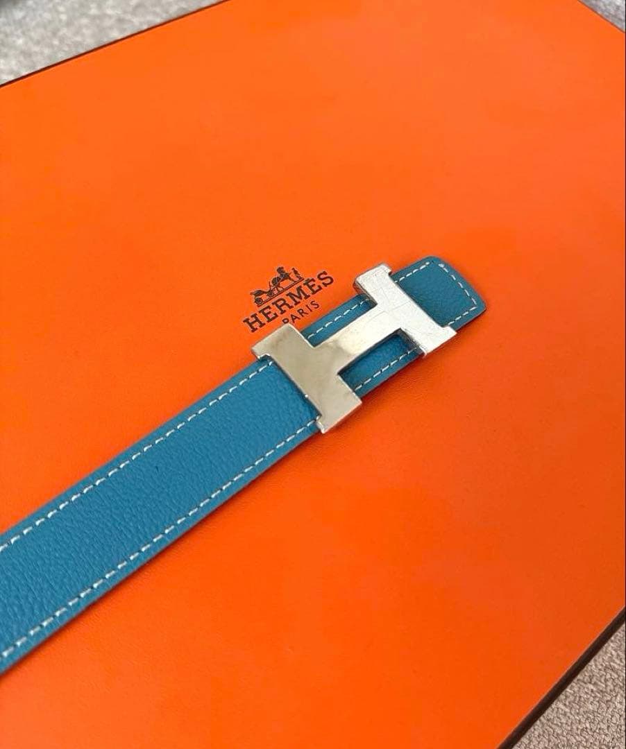 HERMES ブラック ブルー ブラック リバーシブルベルト H字型バックル