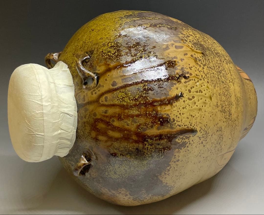 石田陶春　丹波 茶壺　飴釉　飾壺　茶道具　共箱　栞等　LW573