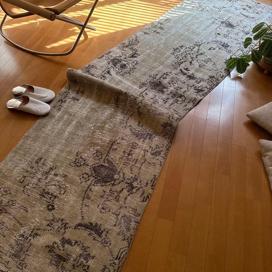 超ロング76.5×310 カーキベージュ　ランナーラグ　トルコヴィンテージラグ