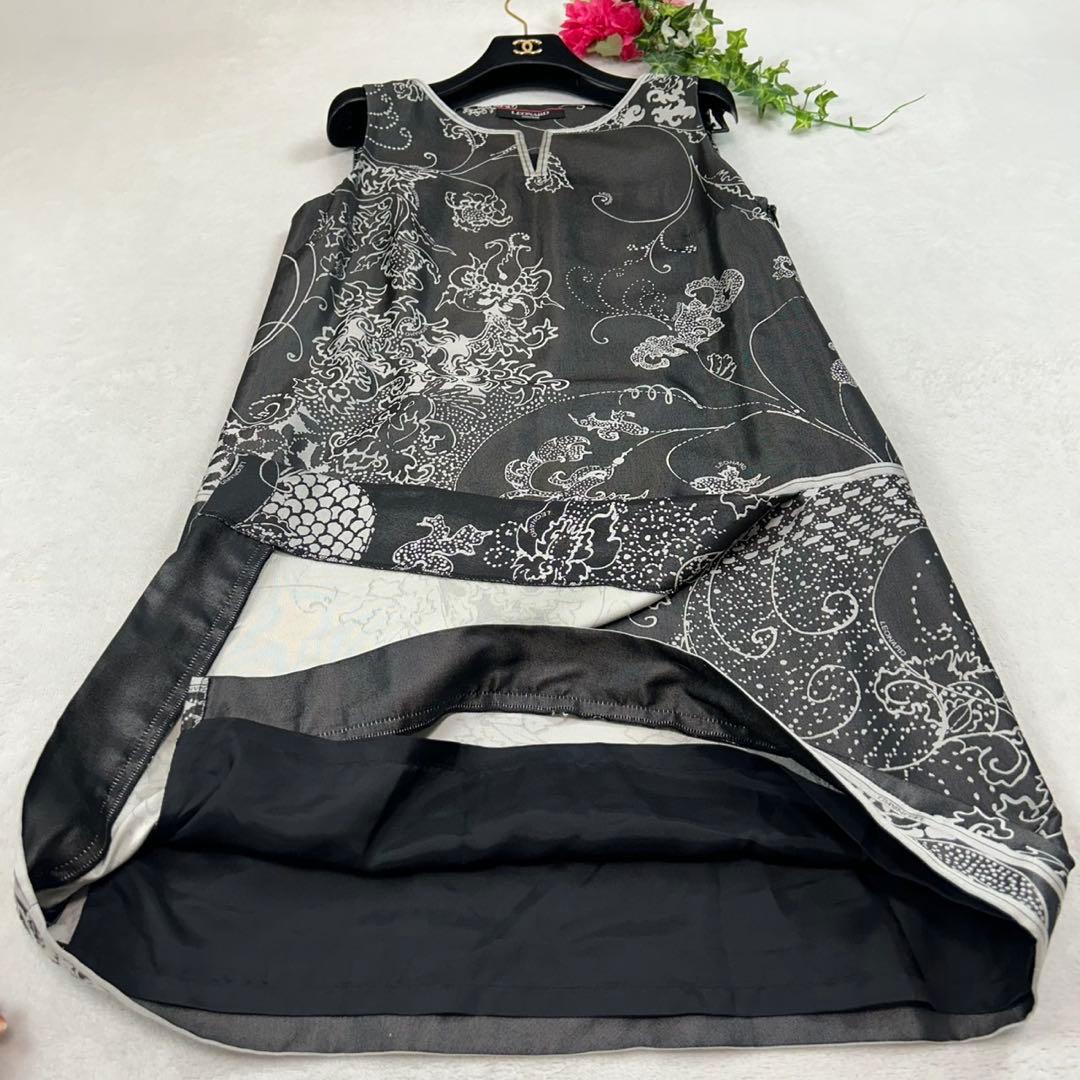 K667 美品 M レオナール シルク混 ひざ丈ワンピース ブラック レディース