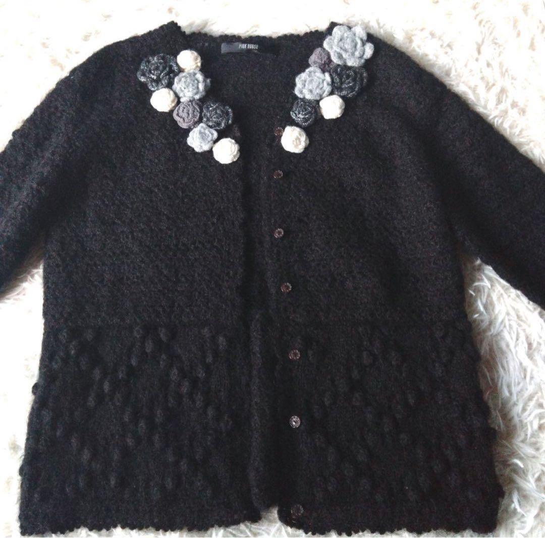 美品　PINK HOUSE モヘア混　花モチーフ 長袖カーディガン