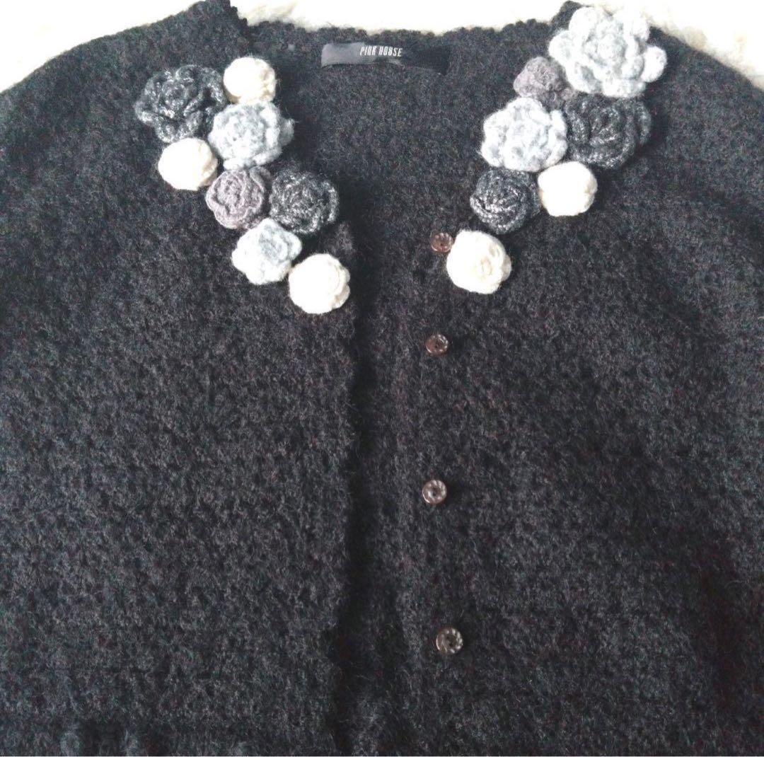 美品　PINK HOUSE モヘア混　花モチーフ 長袖カーディガン