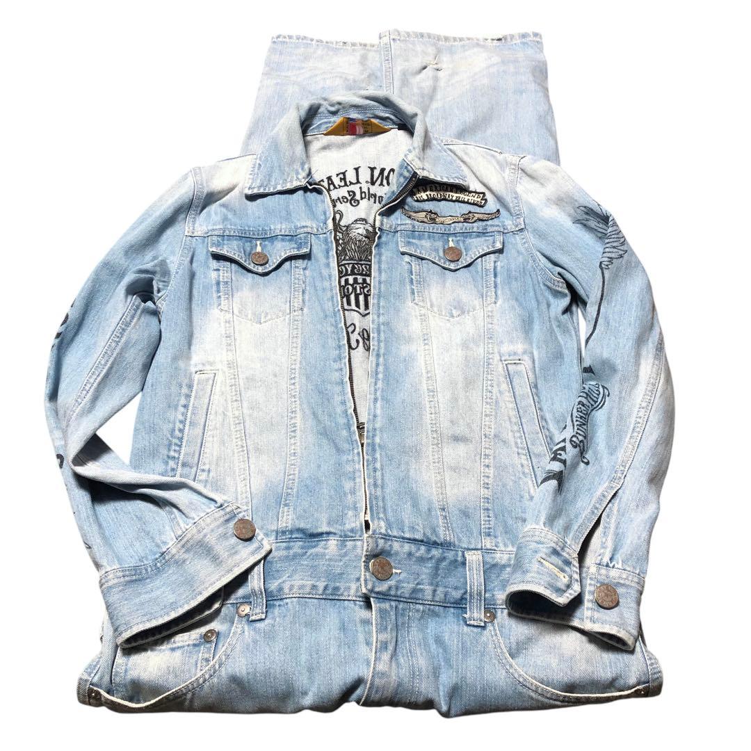 即納　vanson 刺繍入りライトブルー　デニムつなぎ　オールイン