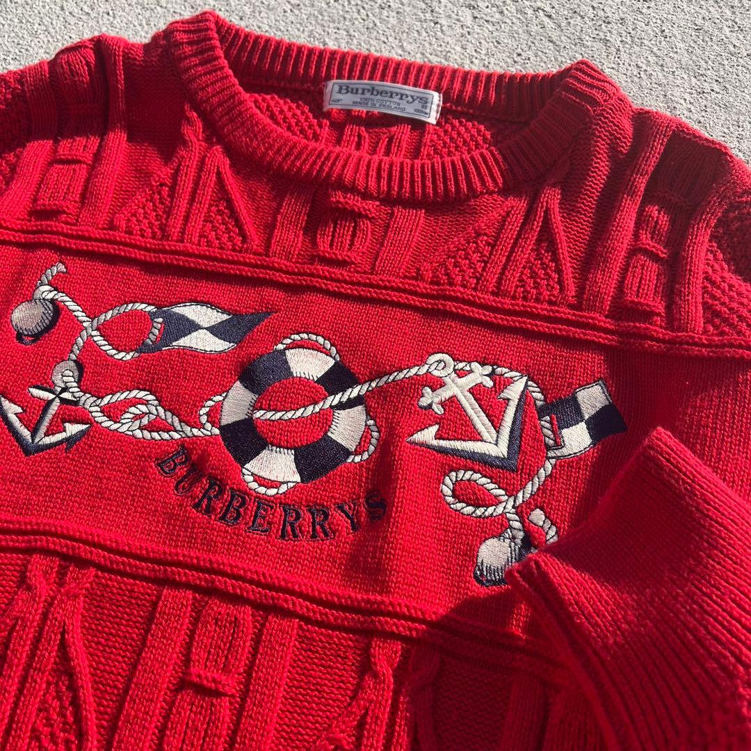 Burberry バーバリー　刺繍ナロゴ ケーブル編みニットセーター　90s 赤