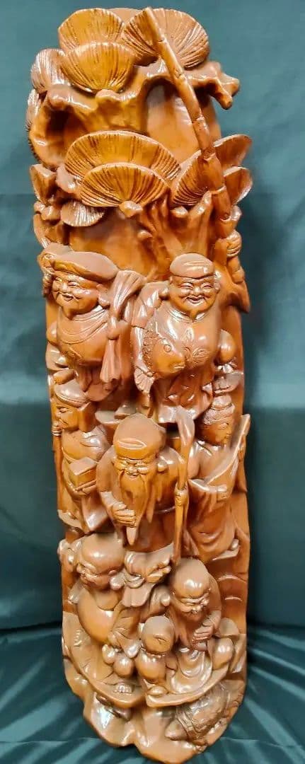 ​【大型・縁起物】木彫り 七福神 彫刻 置物 一刀彫 天然木 高さ135cm 欅
