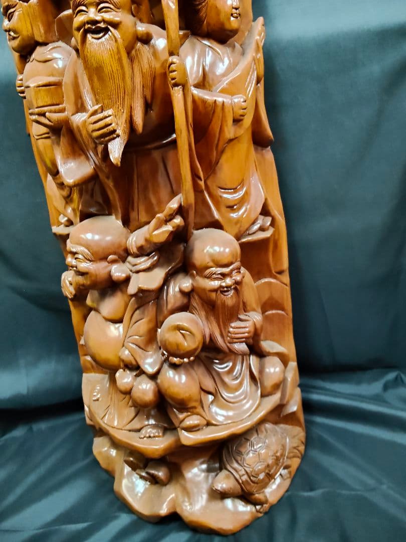 ​【大型・縁起物】木彫り 七福神 彫刻 置物 一刀彫 天然木 高さ135cm 欅