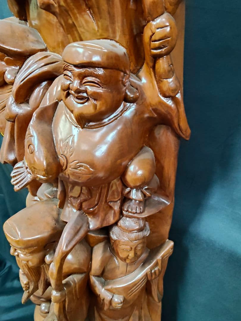 ​【大型・縁起物】木彫り 七福神 彫刻 置物 一刀彫 天然木 高さ135cm 欅