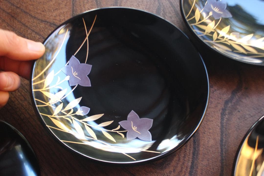 デッドストック！上質黒漆に優美な桔梗蒔絵の映える銘々皿5点（検輪島塗銘々皿蒔絵皿