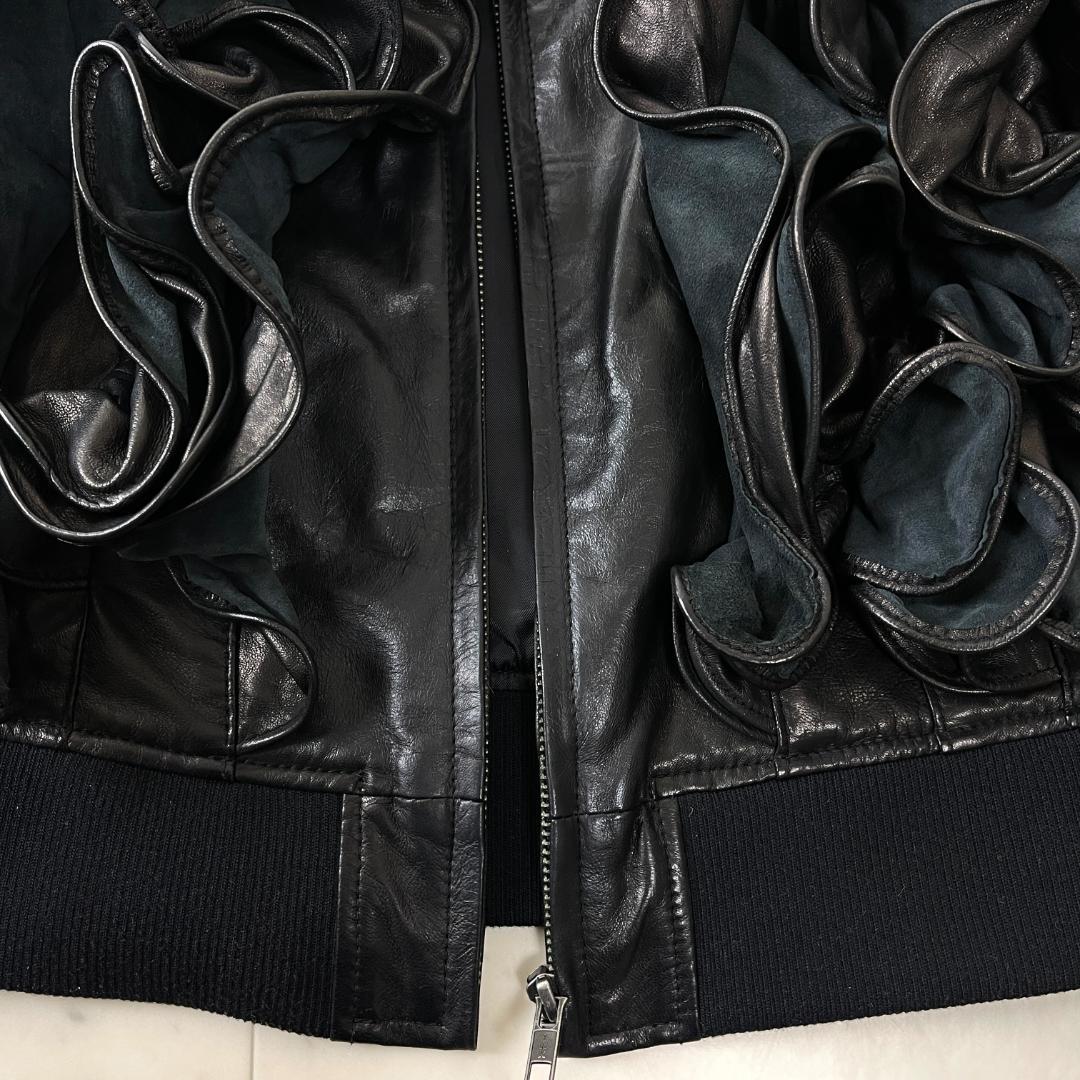 LE CIEL BLEU ラムレザー ジャケット 38 ノーカラー フリル 本革