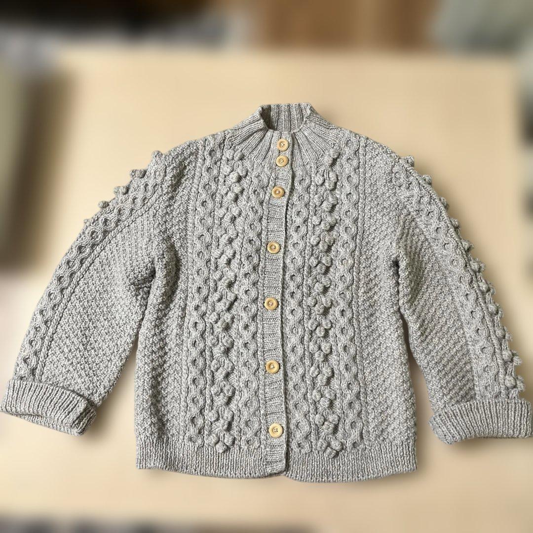 グレー ケーブル編み カーディガン　ハンドメイド　ハマナカ　ソノモノウール100