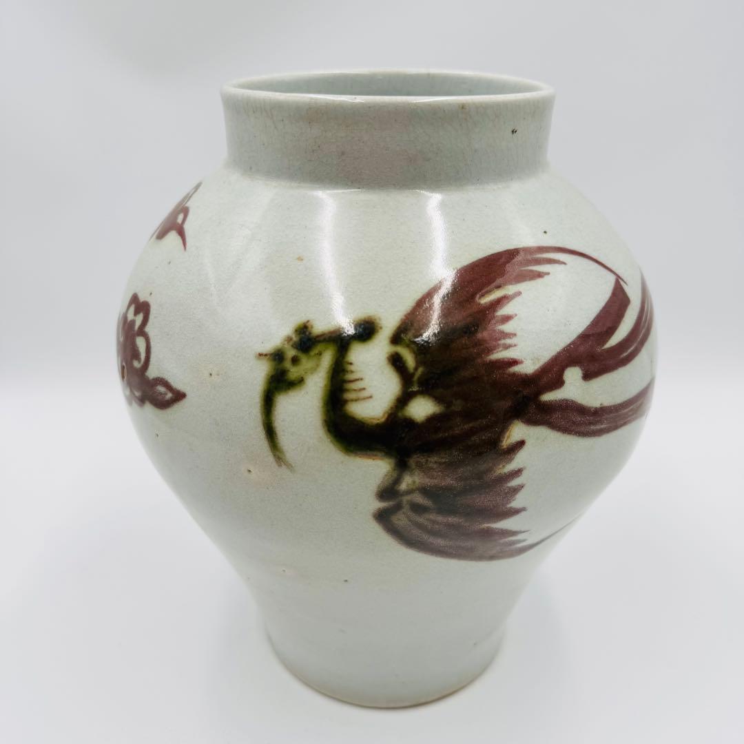 【安東五　李朝白磁辰砂花瓶　壺　鳳凰に雲　共箱】骨董　韓国美術