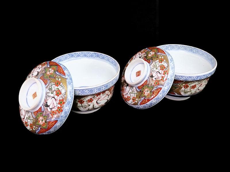 古伊万里　金襴手　双鶴に梅花の図　大振蓋茶碗　2客　D747AS-CHr