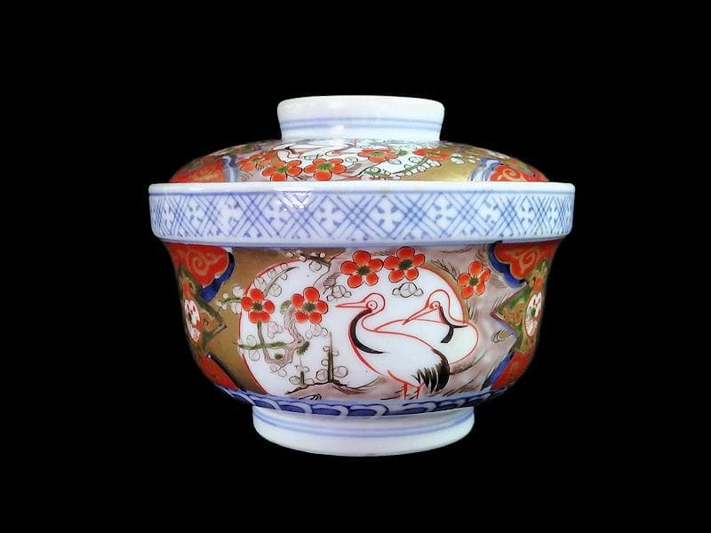 古伊万里　金襴手　双鶴に梅花の図　大振蓋茶碗　2客　D747AS-CHr