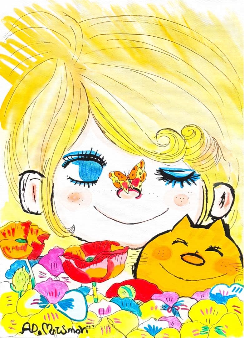 【F4号】手描き油彩　水森亜土　額縁　未使用額　サイン　人気作品　絵画　人気作家