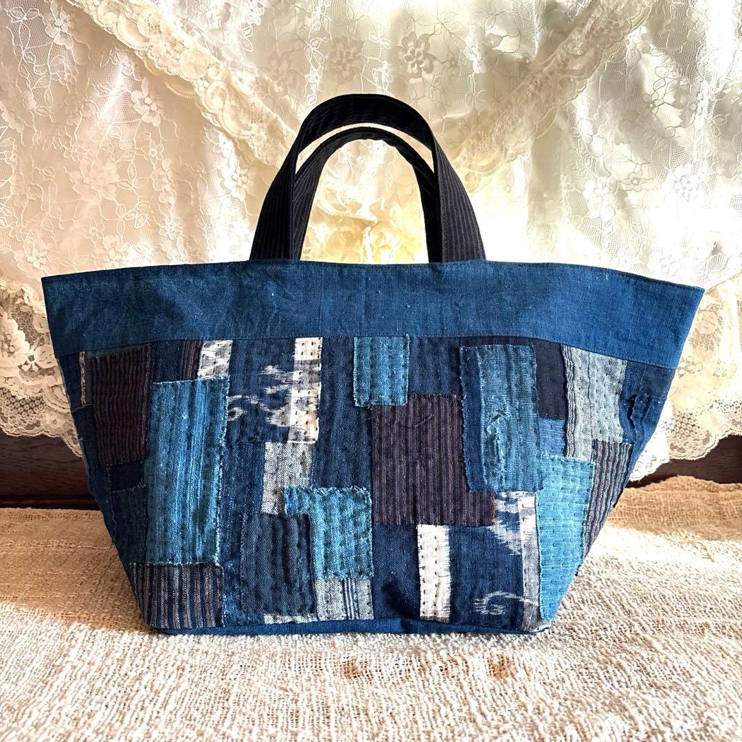 藍染　古布リメイク　ハンドメイド　刺し子　トートバッグ
