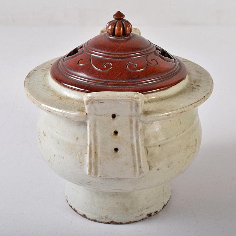 朝鮮美術　李朝　白磁　双耳香炉　唐木蓋付　U　R8373