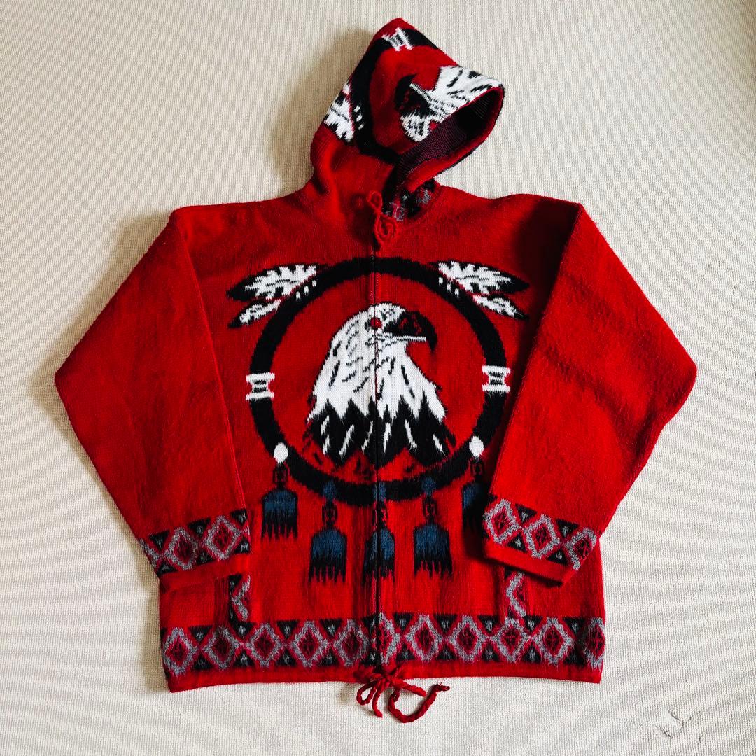 90s ヴィンテージ　エクアドルニット　ジップパーカー　総柄　イーグル　希少　L