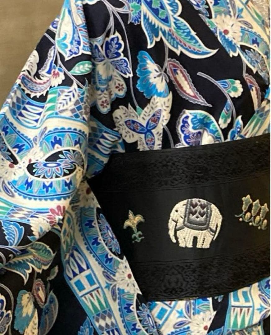 ターコイズ浴衣　更紗柄　エキゾチック変わり織り　単衣　浴衣　帯プレゼント付き